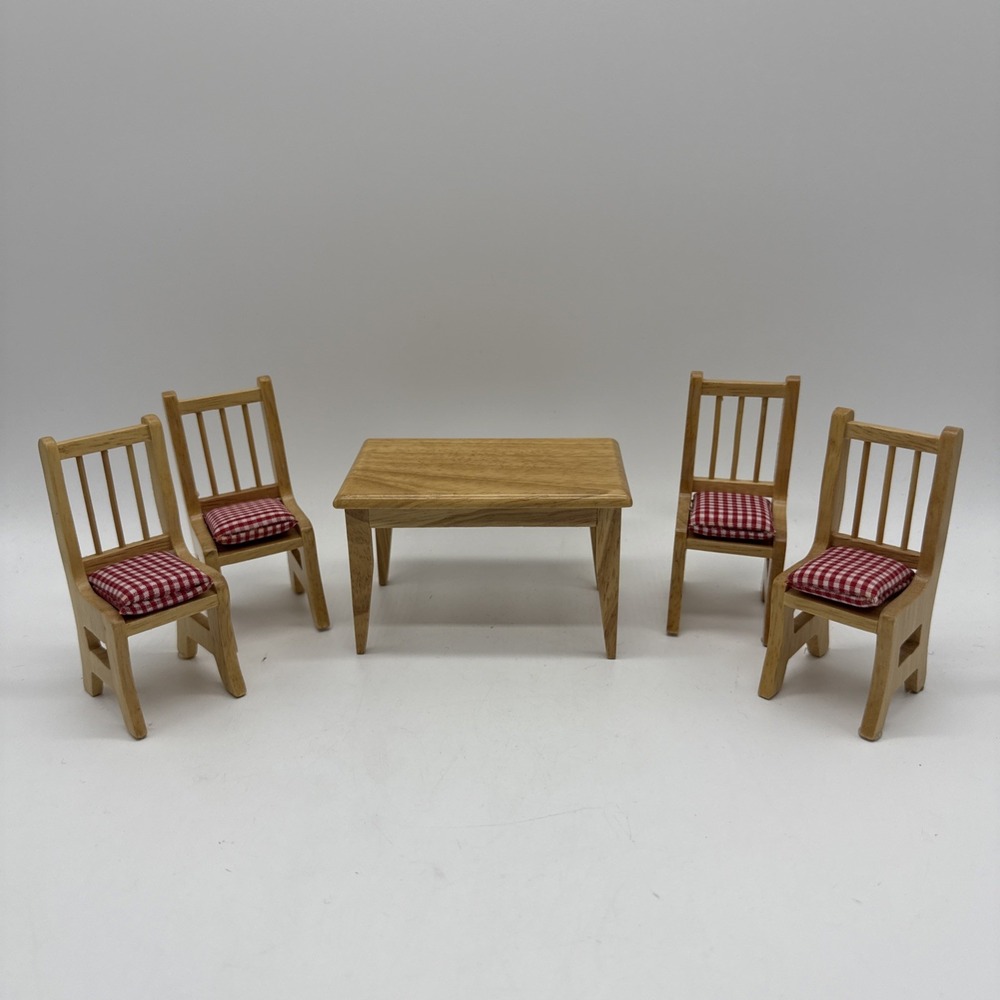 Wooden Dollhouse Dining Set 1:12 Miniature Table & 4 Chairs Red Plaid Cushion